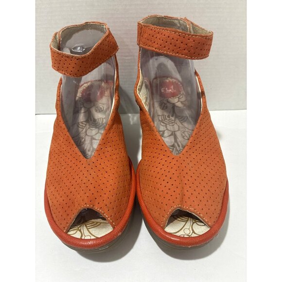 Fly London Womesn Sandals Yala Perforated Suede Peep Toe Wedge size 37 - Picture 2 of 5